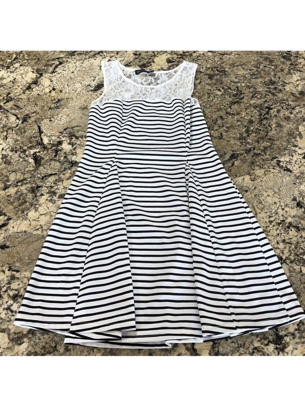 Size L Wild Child Youth Girls Dress Lace Top Flare Bottom White Black Stripes